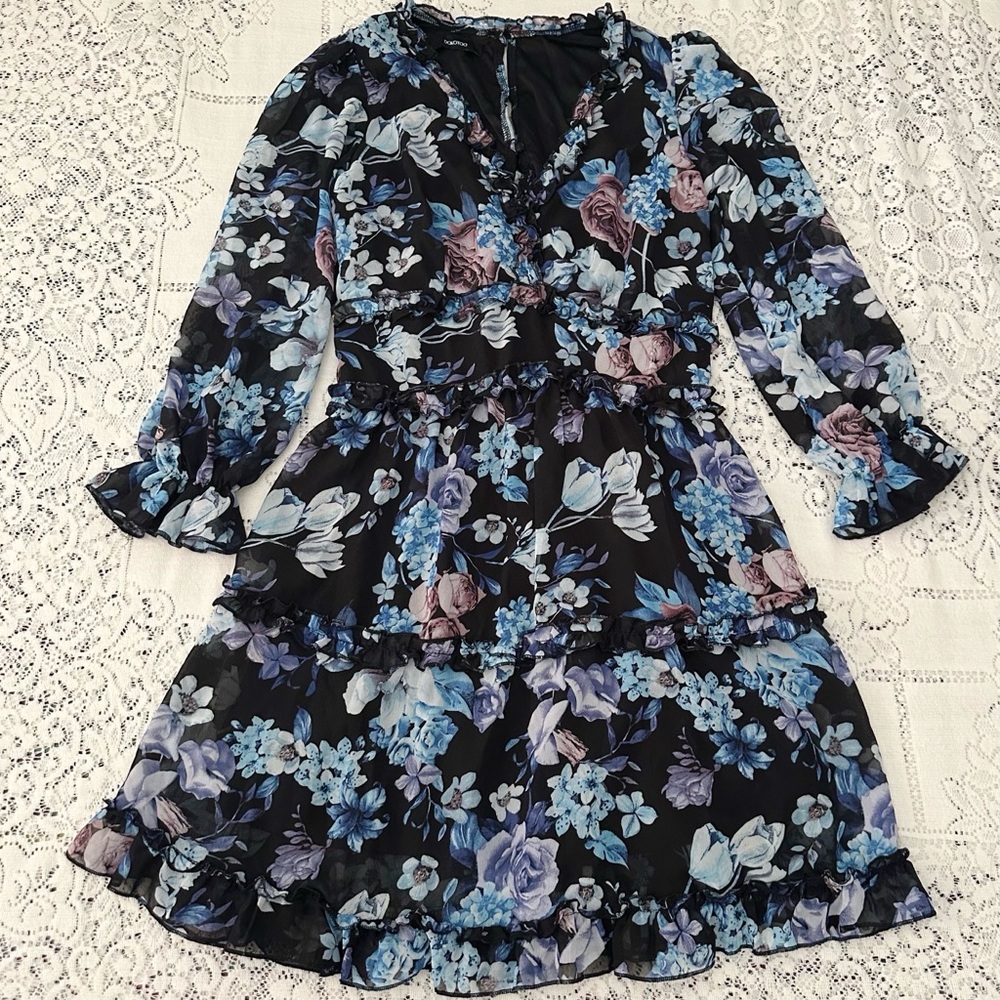 Amazon Dokotoo Black & Blue Moody Floral Poet Long Sleeve Ruffle Mini Dress